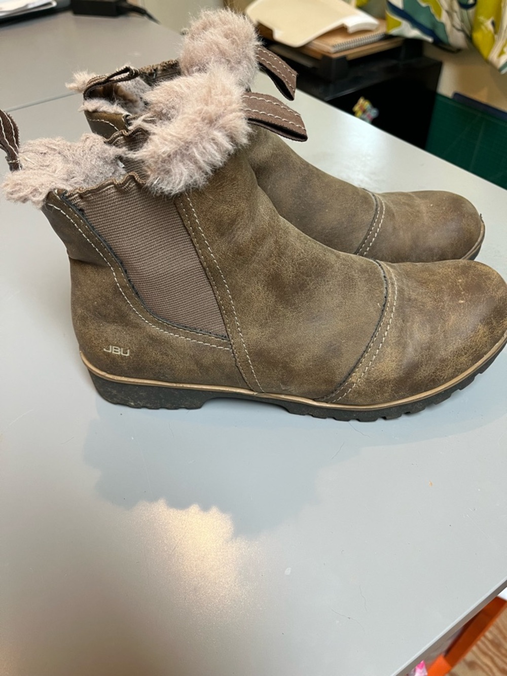 JBU Brown Faux Fur–Trim Suede Ankle Bootie